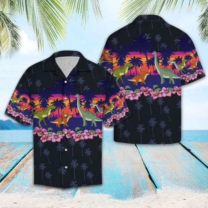 Dinosaur Border Chest Print Black Theme Hawaiian Shirt