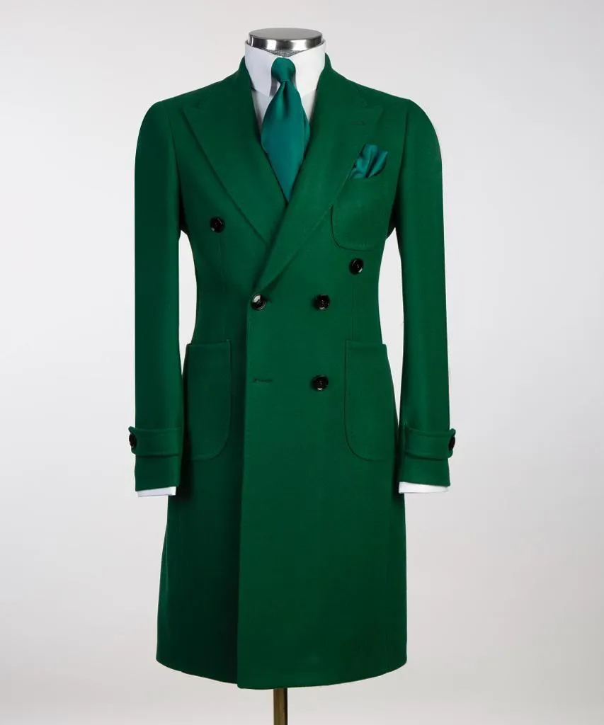 Double-Breasted Green Long Coat