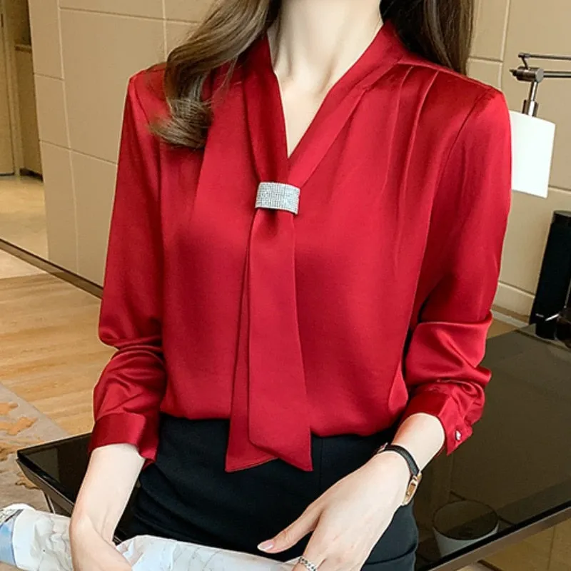 Fashion Chiffon Long Sleeve Ribbon Blouse Tops