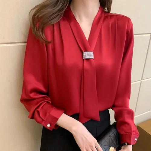 Fashion Chiffon Long Sleeve Ribbon Blouse Tops