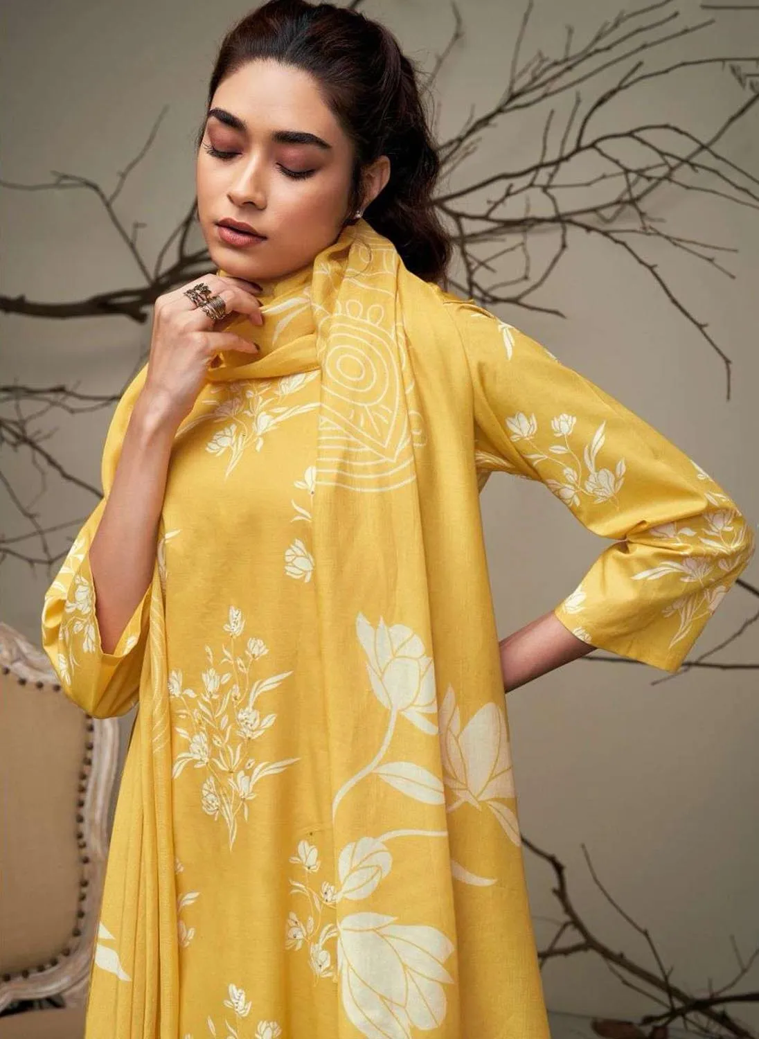 Ganga Pure Cotton Yellow Printed Ladies Unstitched Suit Dress Material