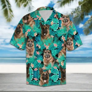 German Shepherd Behind Tropical Leave And Flower Hawaiian Shirt