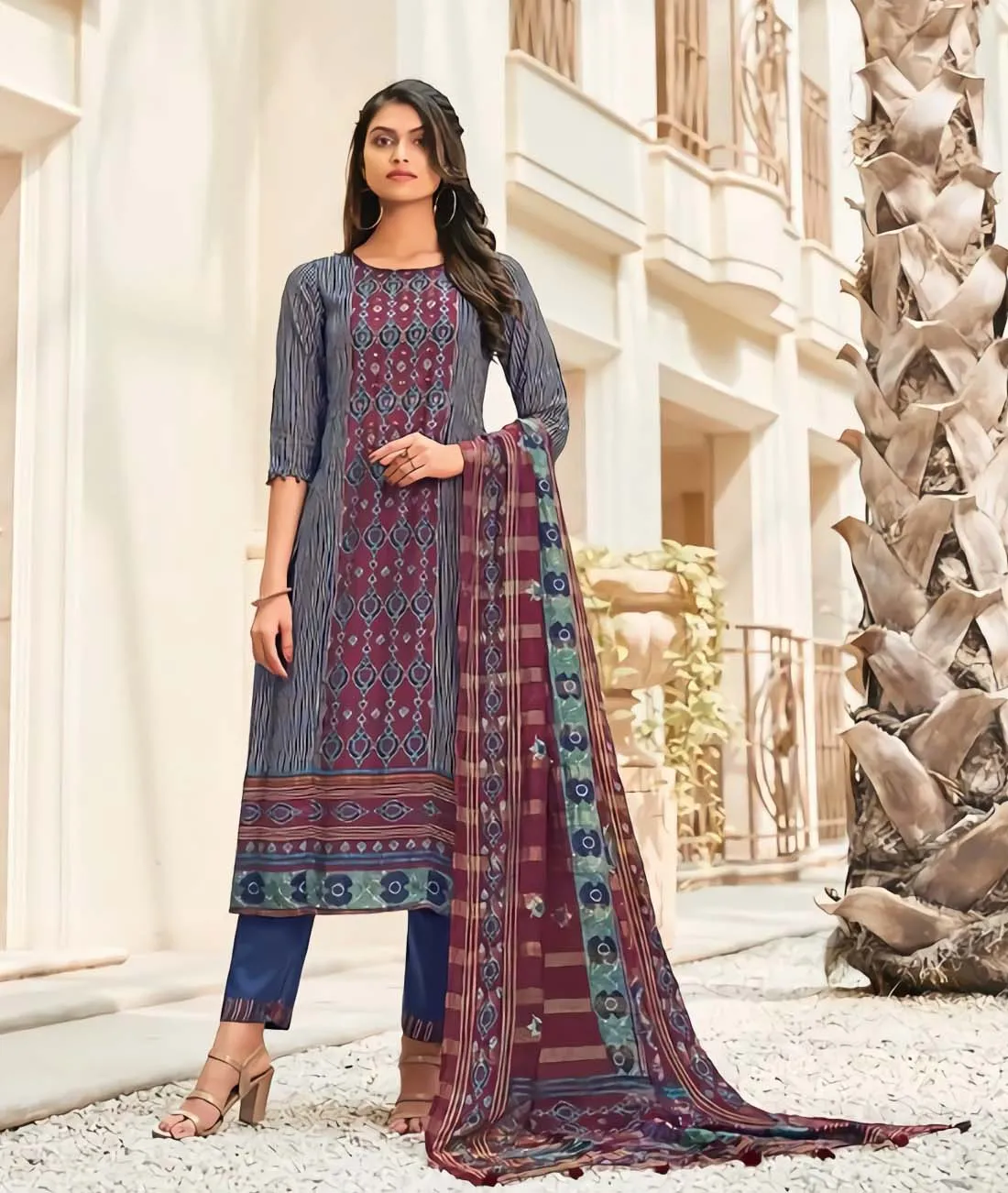 Jay Vijay Unstitched Blue Muslin Silk Suit Dress Material for Women