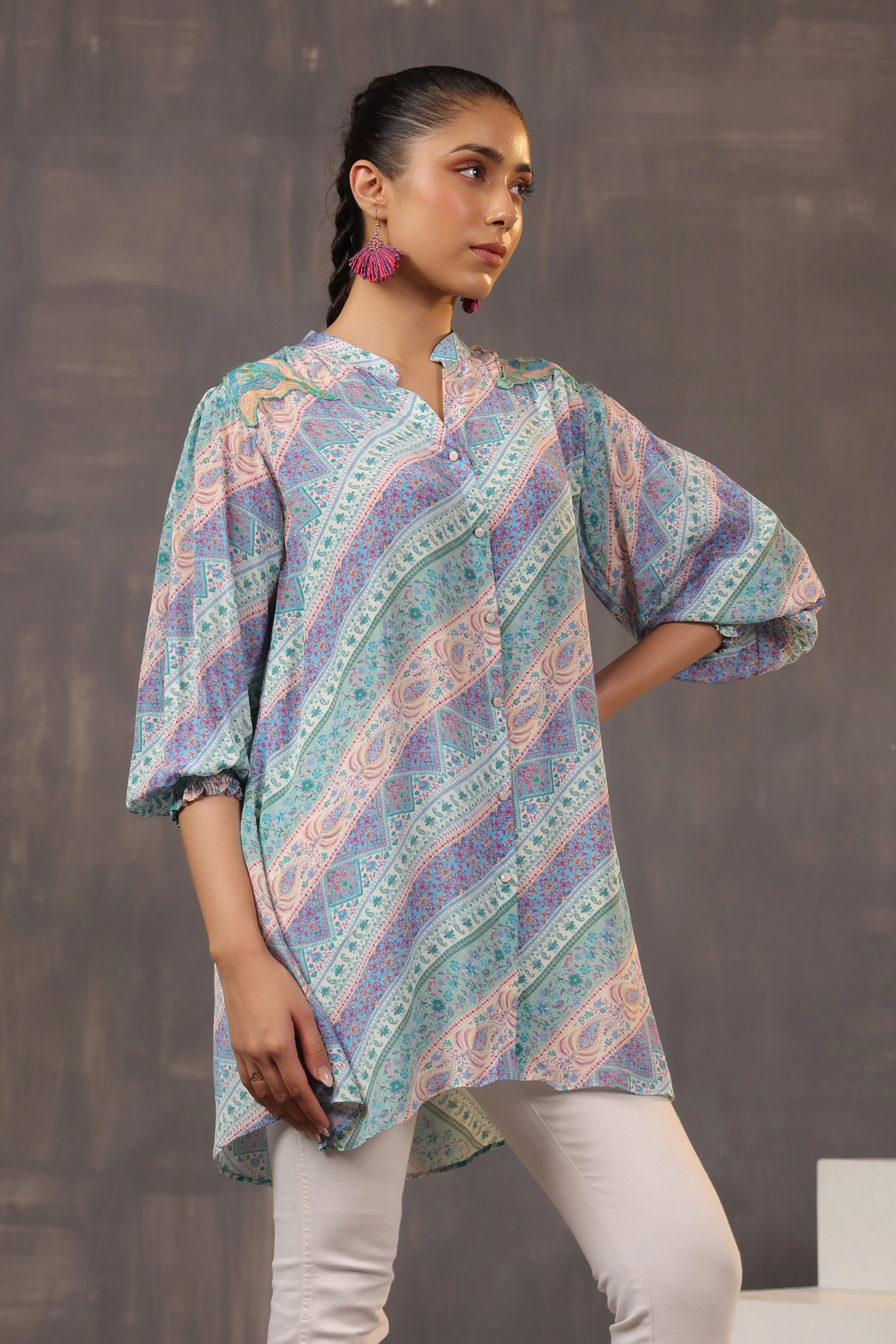 Light Blue Printed Crepe Silk Top