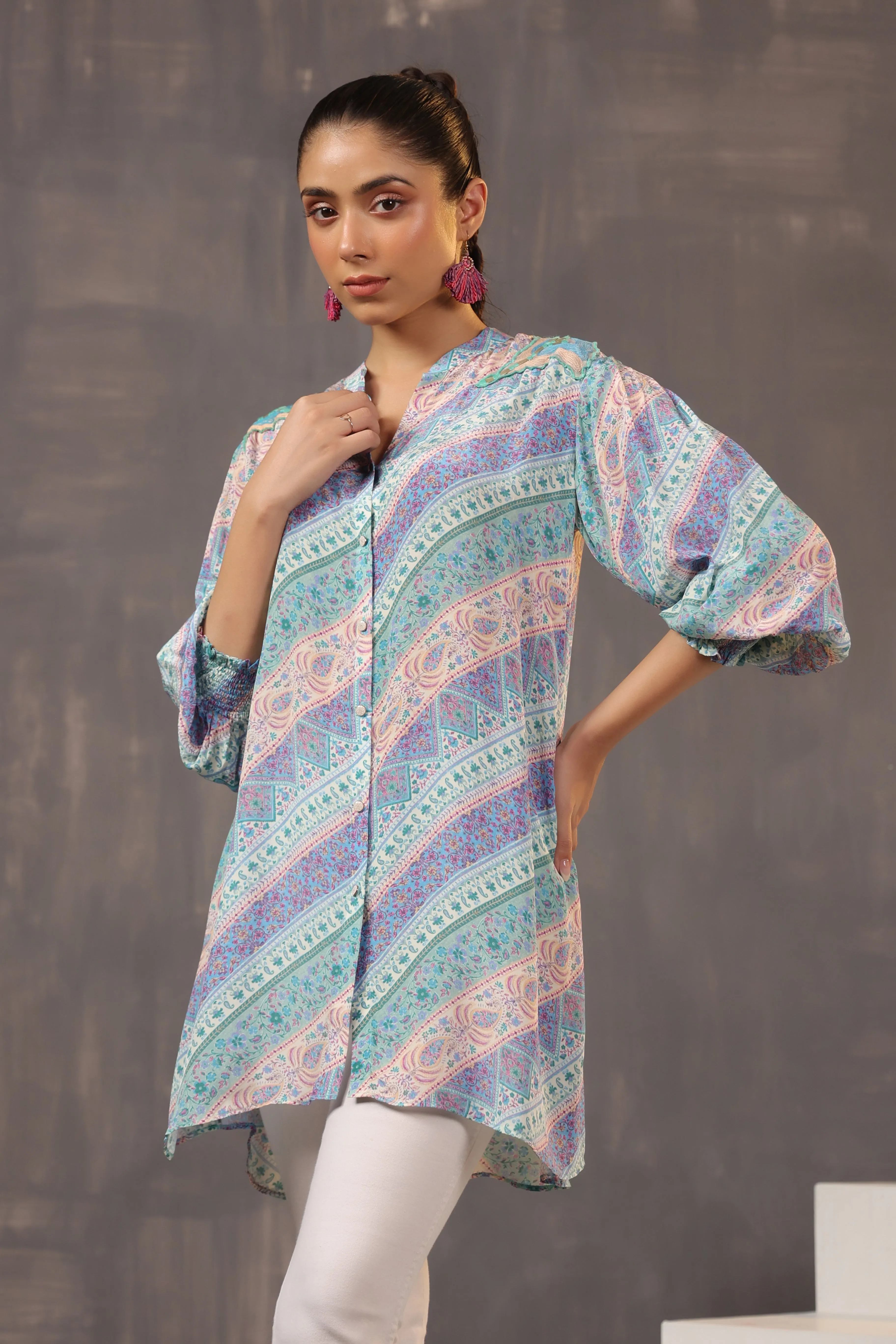 Light Blue Printed Crepe Silk Top