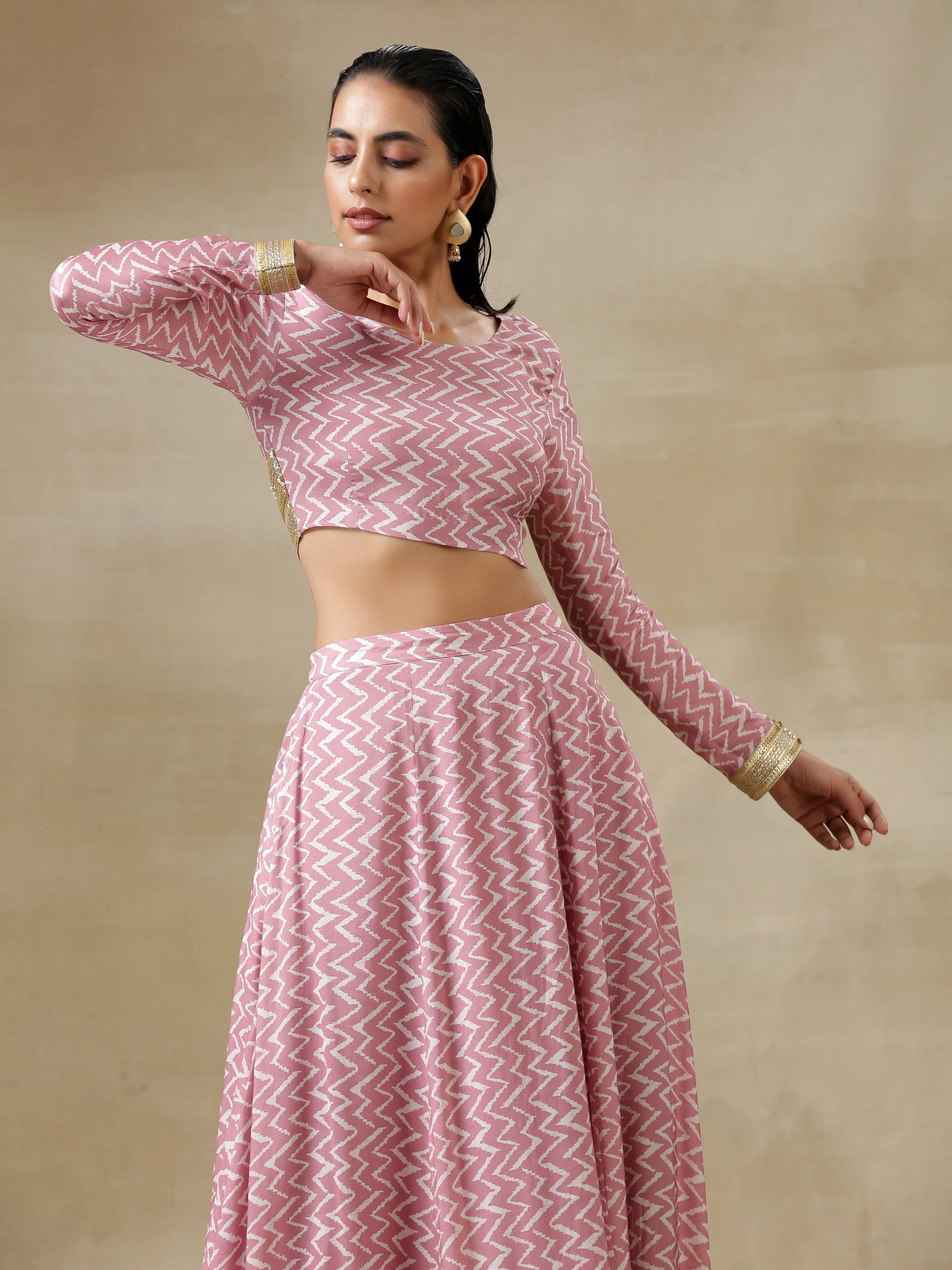 Light Mauve Bandhani Printed Silk Top Skirt Set