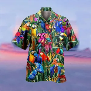 Men's Shirt Summer Hawaiian Shirt, Camp Collar Shirt Graphic Shirt Aloha Shirt, Parrot Turndown Yellow Light Green Pink Red Blue 3D Print