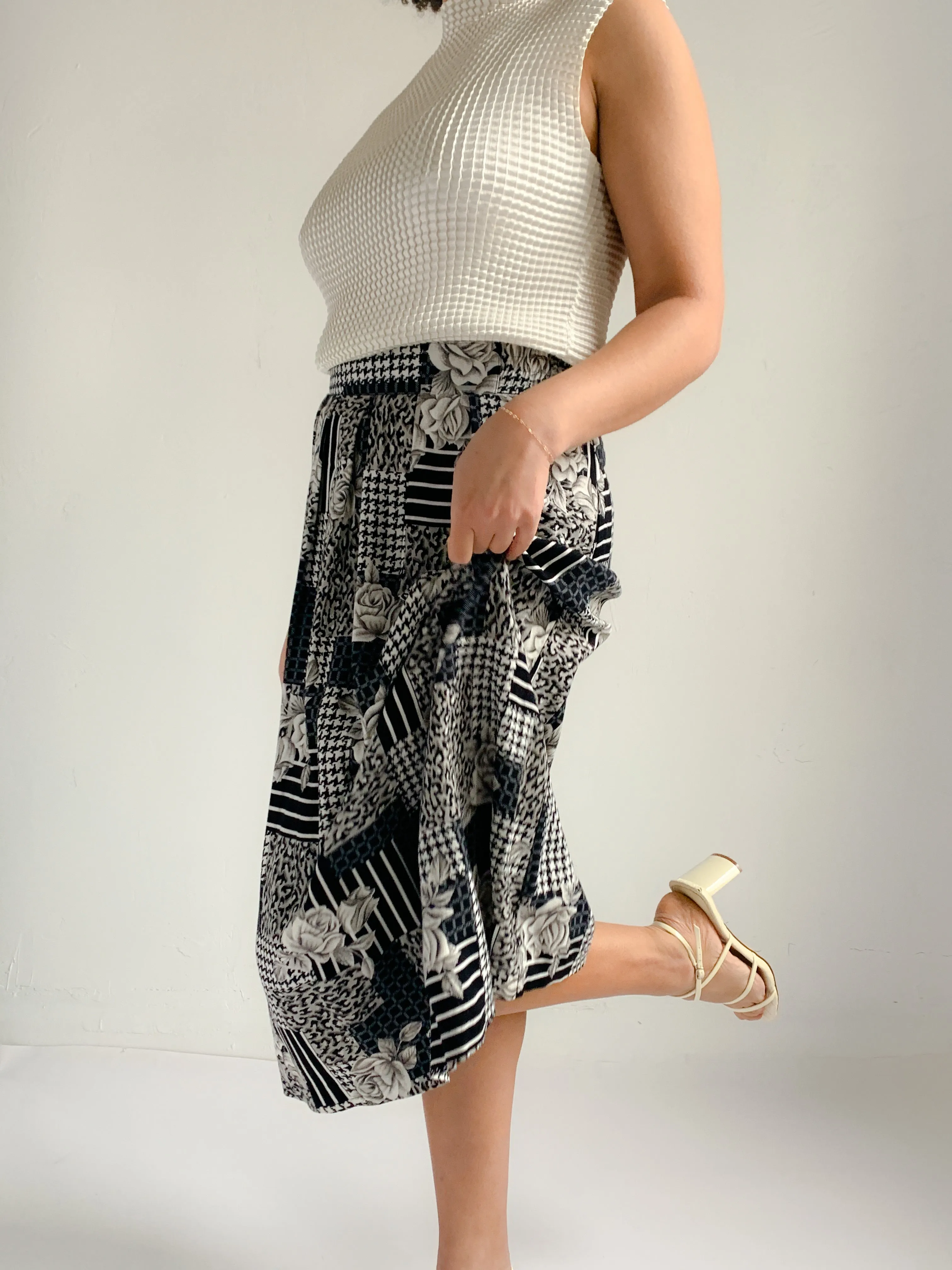 Panther BW Mixed Print Rayon Midi Skirt