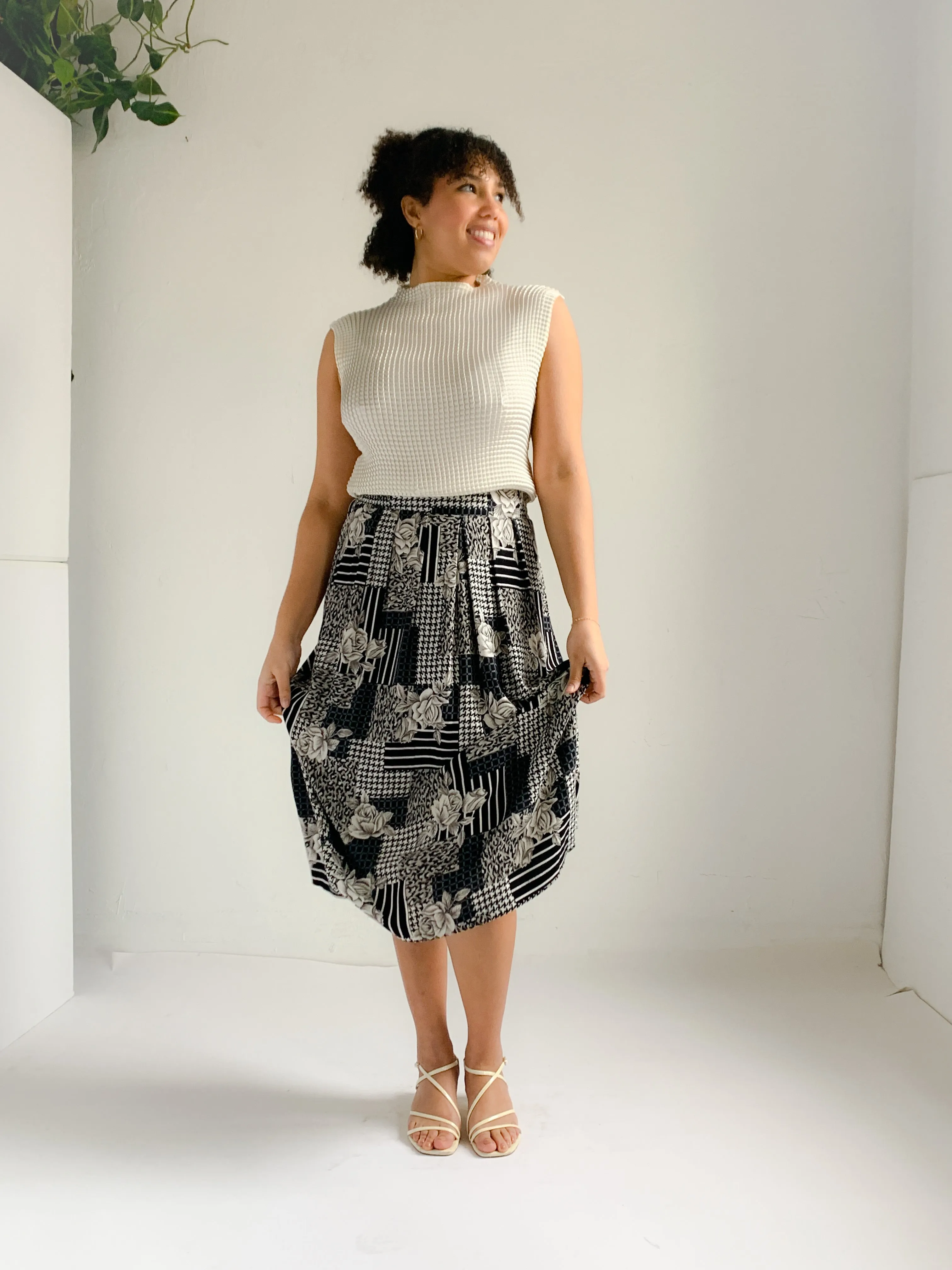 Panther BW Mixed Print Rayon Midi Skirt