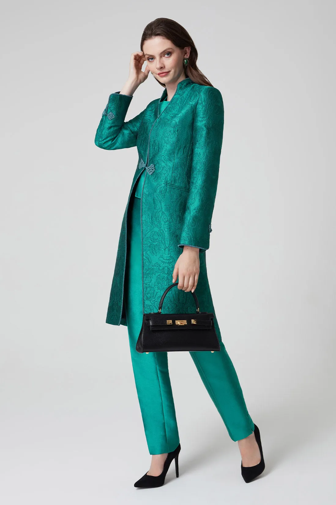 Peacock Dress Coat in Winter Brocade with Cord Trim and Frogging  - Vicky