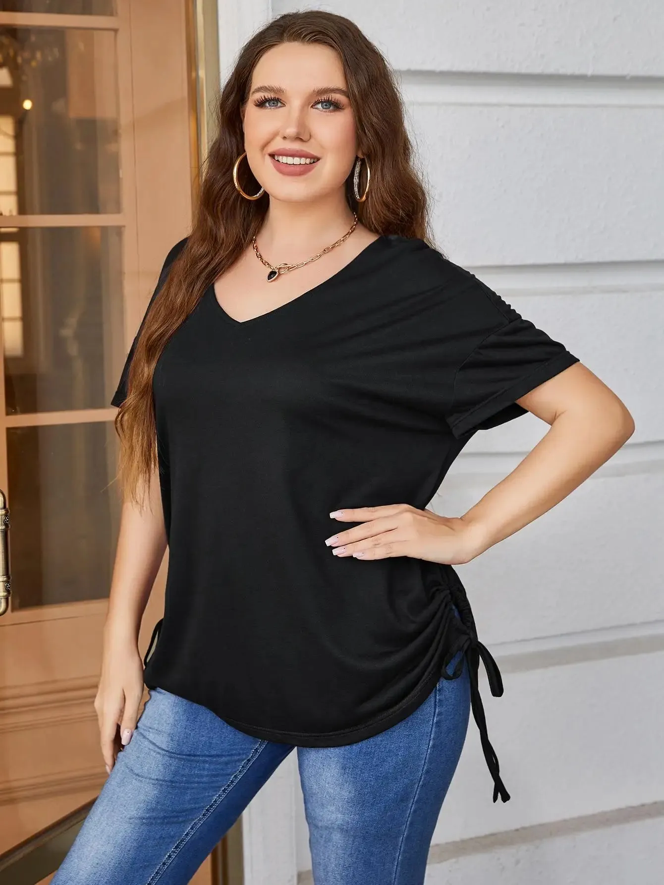 Plus Size Lace Up Elastic Waist Black Pleated Women Short Sleevess Tops V Neck Plug Size 4XL Casual Loose Blouse Oversized Shirt