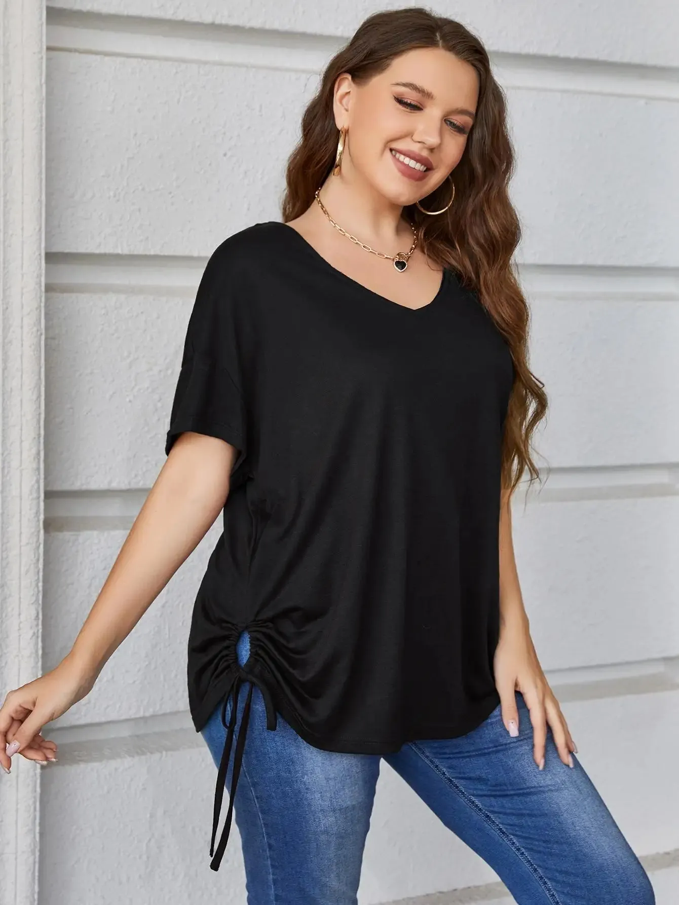 Plus Size Lace Up Elastic Waist Black Pleated Women Short Sleevess Tops V Neck Plug Size 4XL Casual Loose Blouse Oversized Shirt