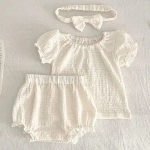 Puff Sleeve Blouse  Solid Shorts & Bow Headband Set