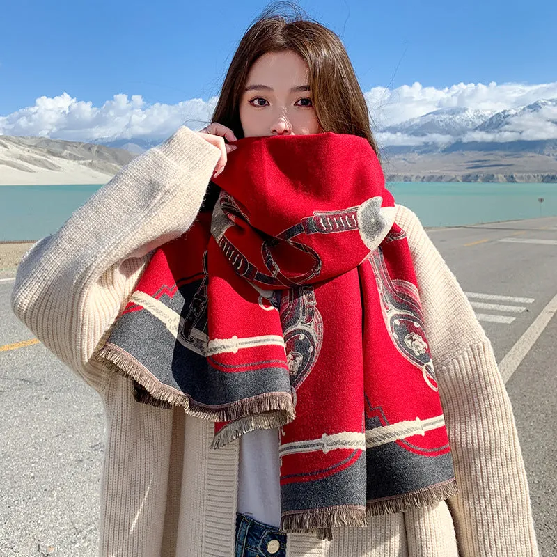 Red Scarf Women's Winter New Versatile Cashmere High-end Sense Fashion Dual-purpose Shawl Thickened Neck