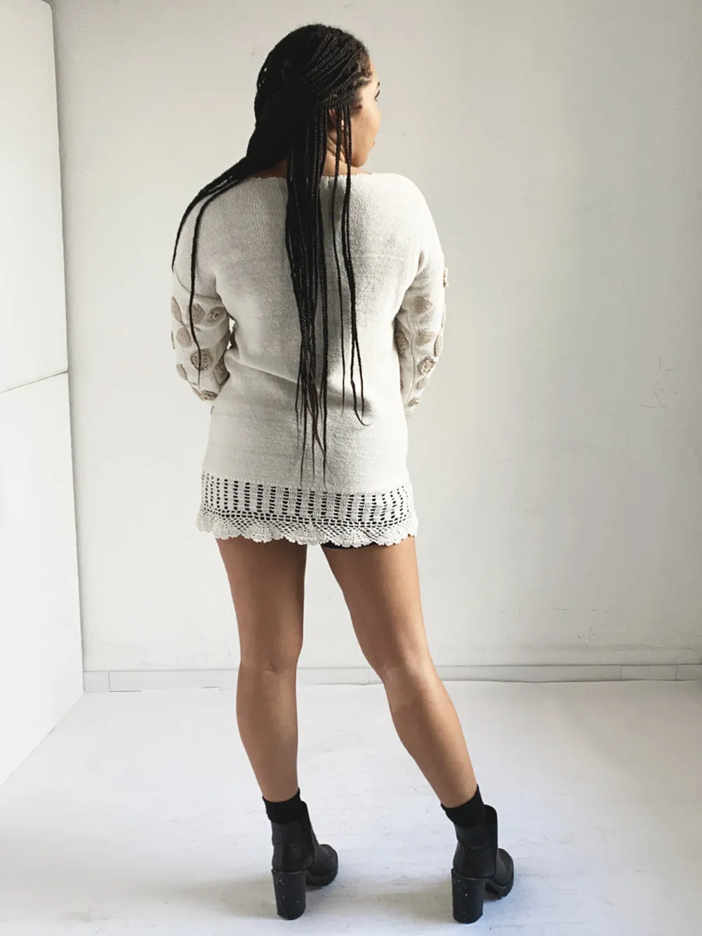 SideLines Ivory Knit Sweater With Tan Rosettes