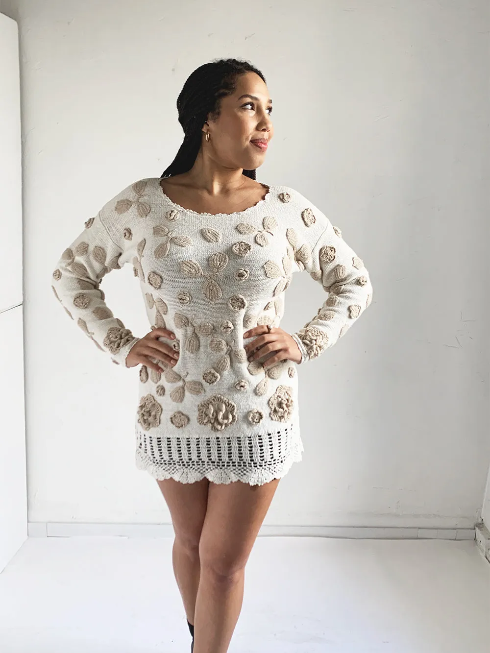 SideLines Ivory Knit Sweater With Tan Rosettes