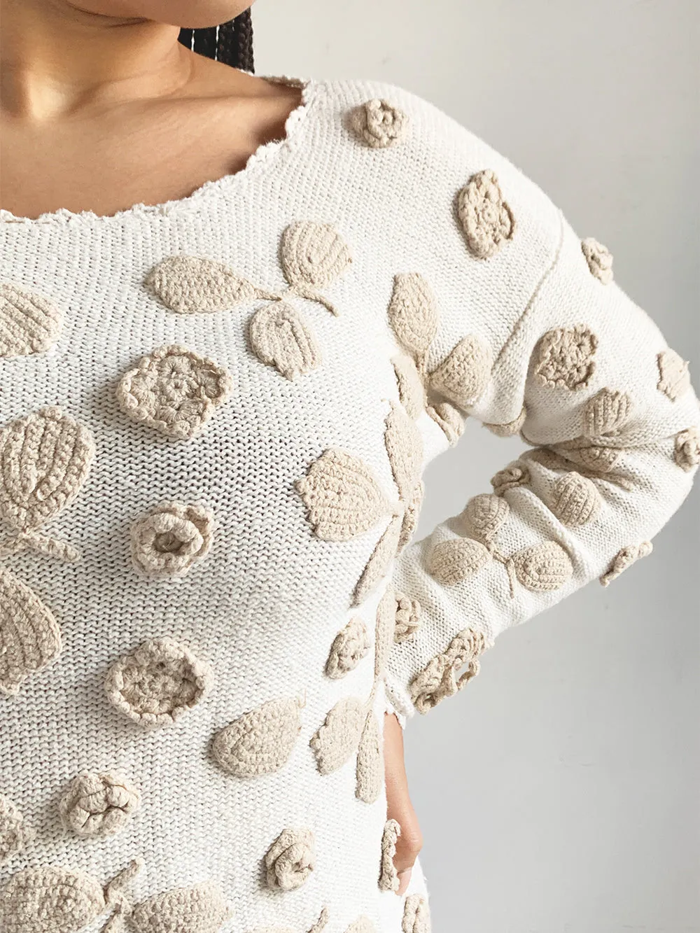 SideLines Ivory Knit Sweater With Tan Rosettes