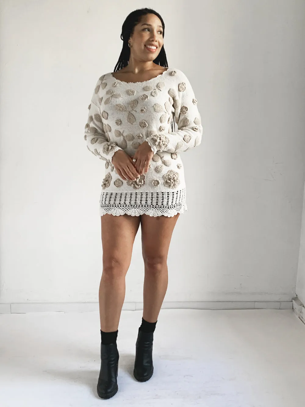 SideLines Ivory Knit Sweater With Tan Rosettes