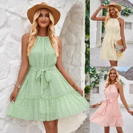 Solid Color Halterneck Dress Summer Casual Lace Tie Waist Womens Clothing New Fashion Vacation Beach Dresses