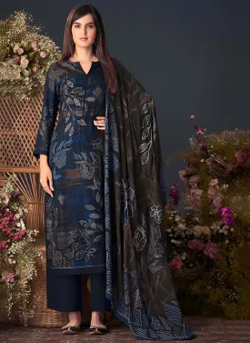 Unstitched Blue Printed Pashmina Winter Suit Dress Material for Women