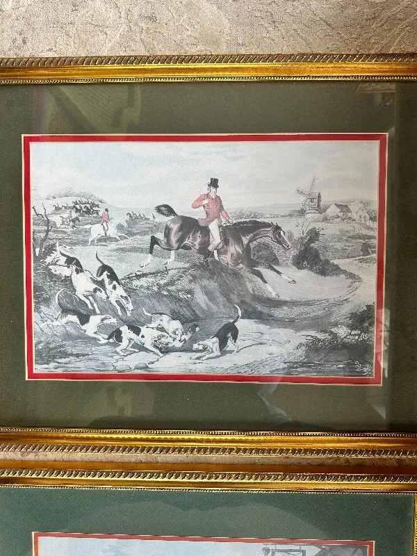 Vintage Fox Hunting Prints Gold Leaf WoodFrame, Double Matted- PAIR