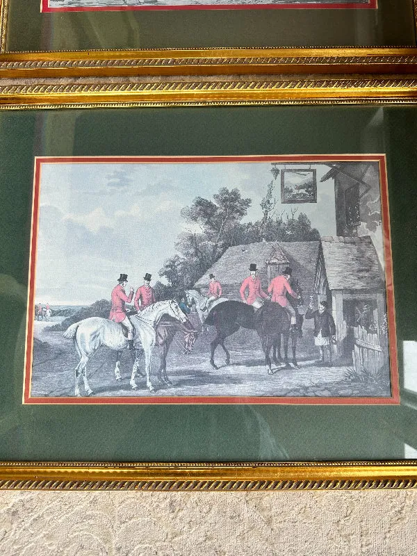 Vintage Fox Hunting Prints Gold Leaf WoodFrame, Double Matted- PAIR