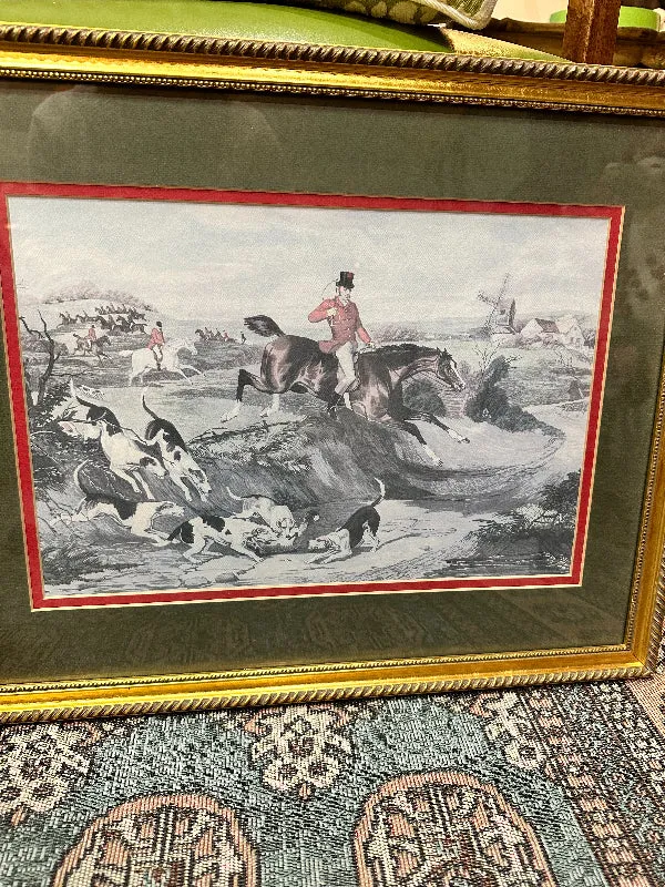 Vintage Fox Hunting Prints Gold Leaf WoodFrame, Double Matted- PAIR