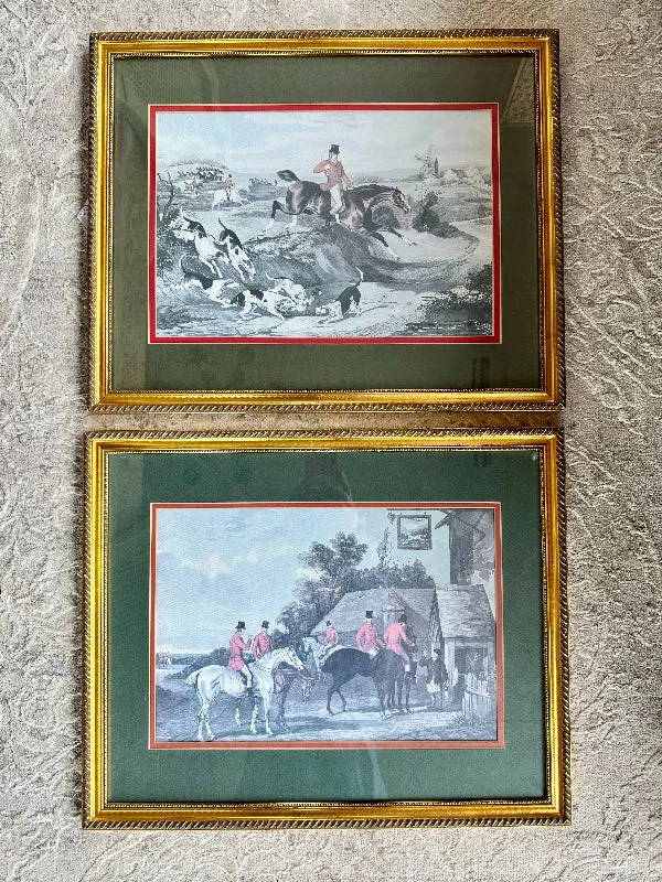 Vintage Fox Hunting Prints Gold Leaf WoodFrame, Double Matted- PAIR