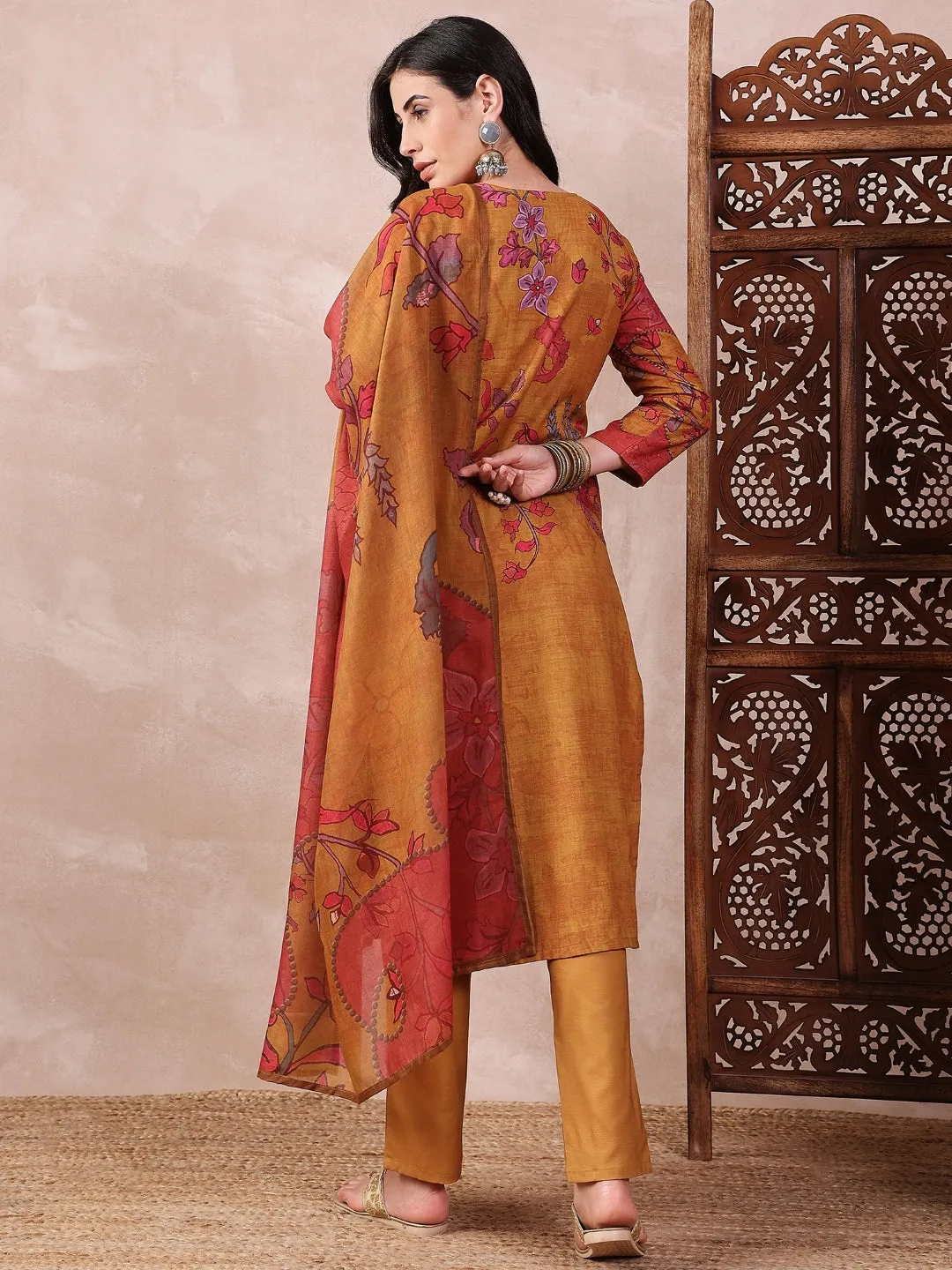 Women Mustard Silk Blend Floral Printed Straight Kurta Trouser With Dupatta