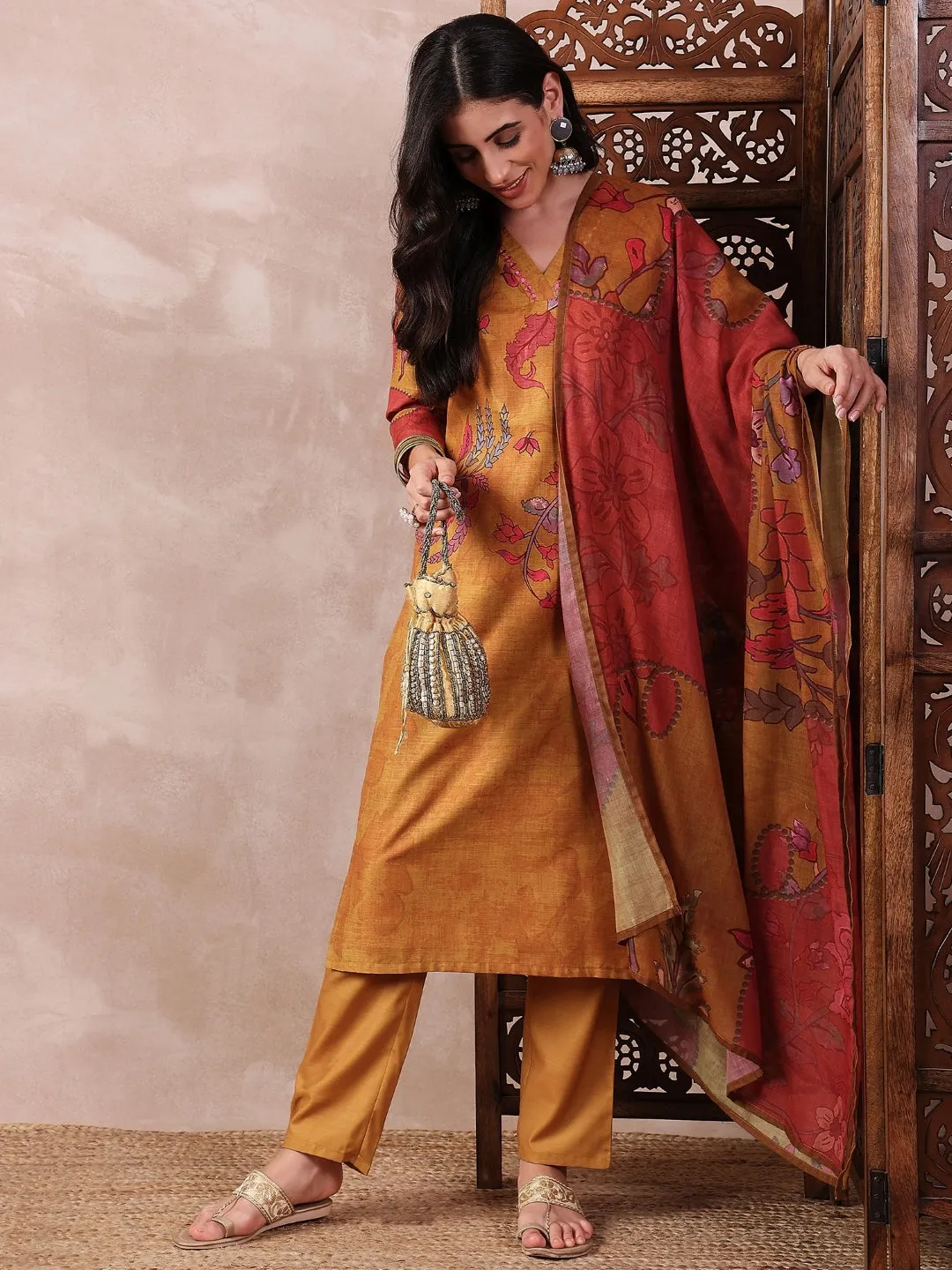 Women Mustard Silk Blend Floral Printed Straight Kurta Trouser With Dupatta