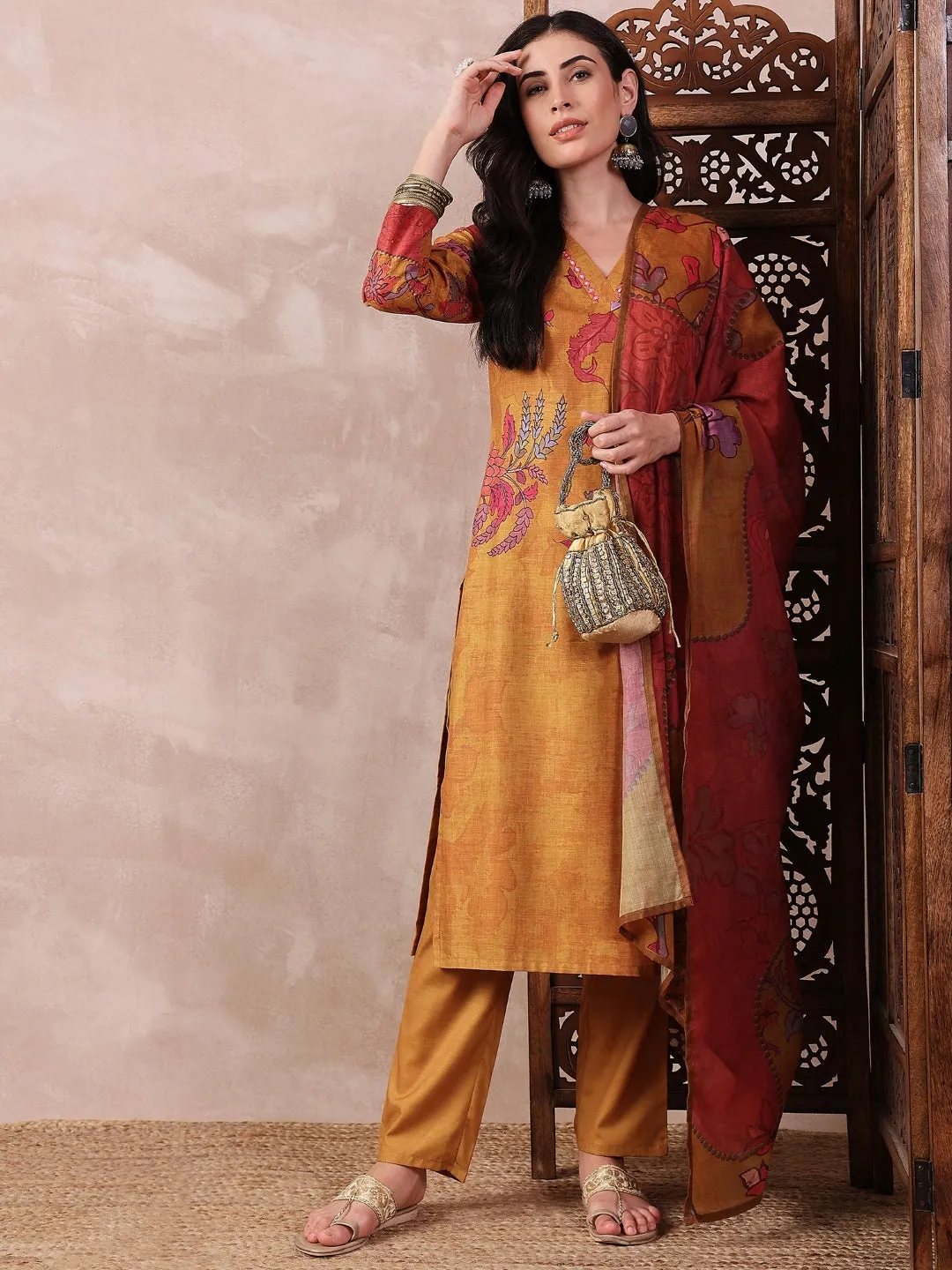 Women Mustard Silk Blend Floral Printed Straight Kurta Trouser With Dupatta