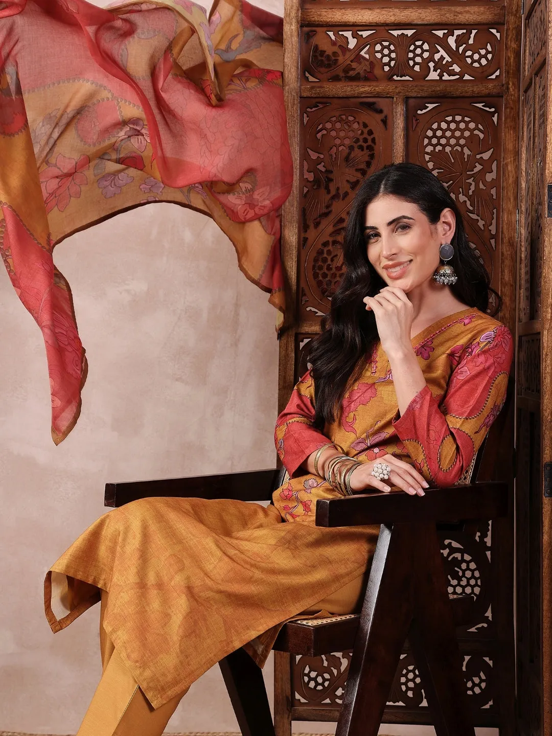 Women Mustard Silk Blend Floral Printed Straight Kurta Trouser With Dupatta