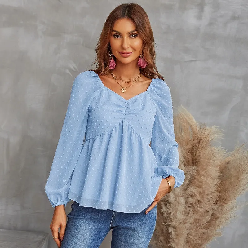 Womens Dot Chiffon Lantern Jacquard Loose Long Sleeve Blouse